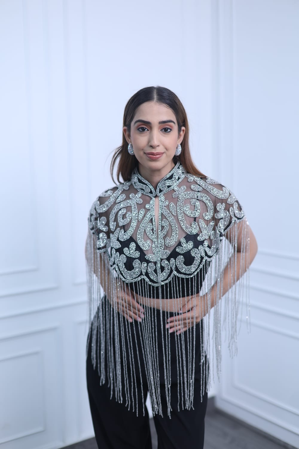 Silver Embroidered Fringe Cape