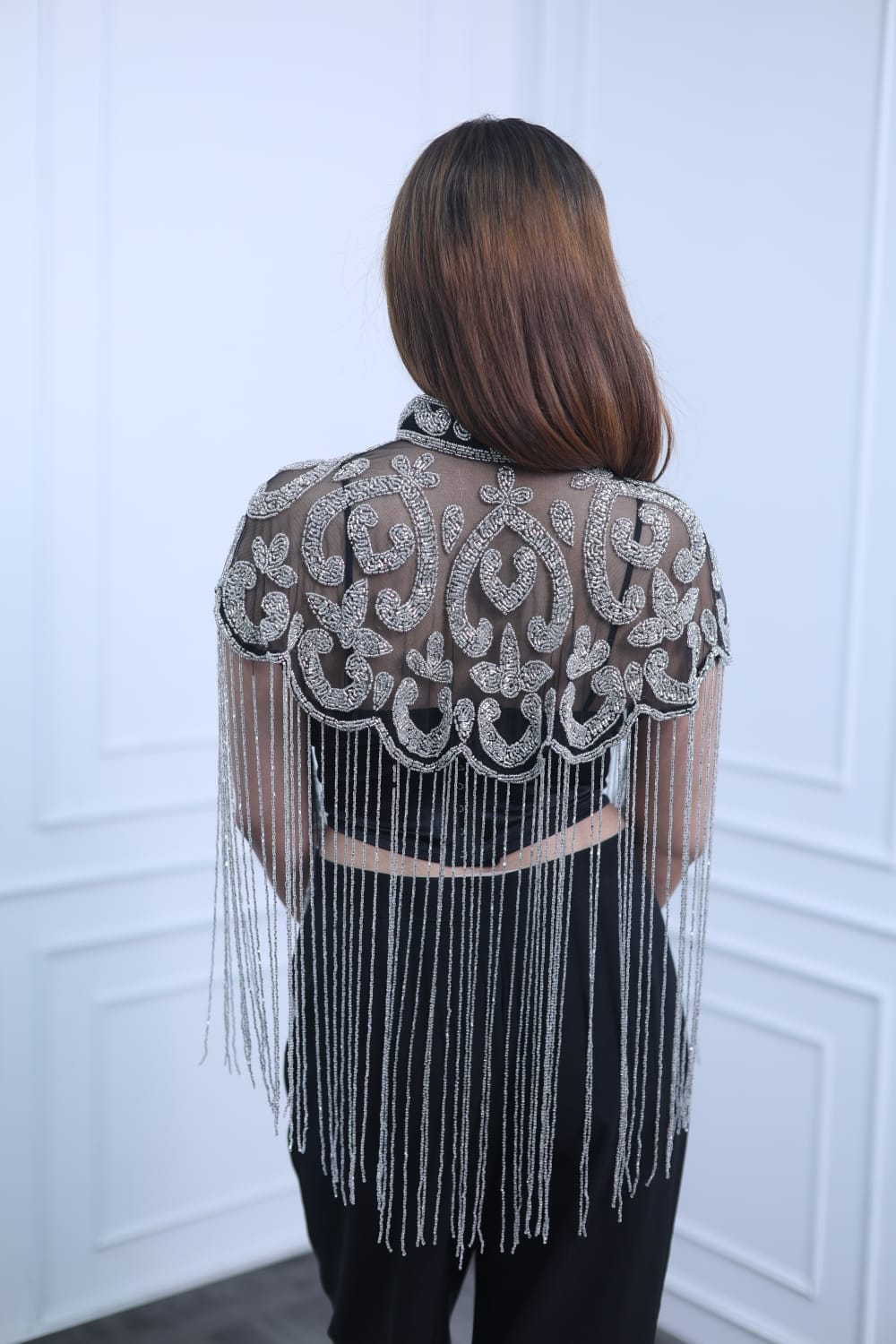 Silver Embroidered Fringe Cape