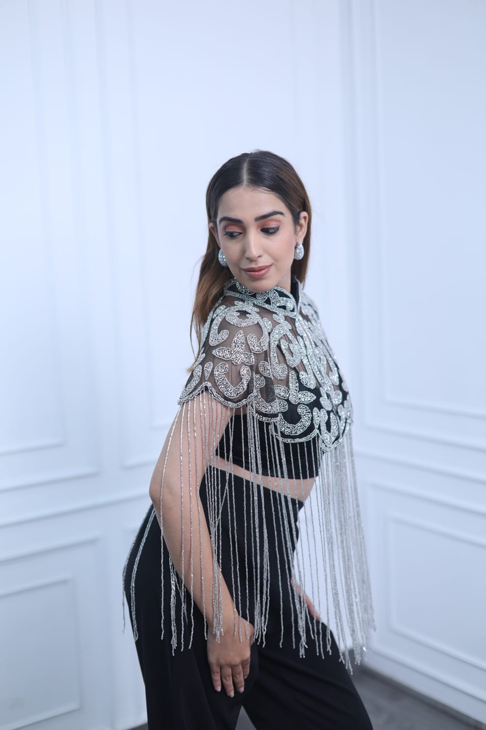 Silver Embroidered Fringe Cape