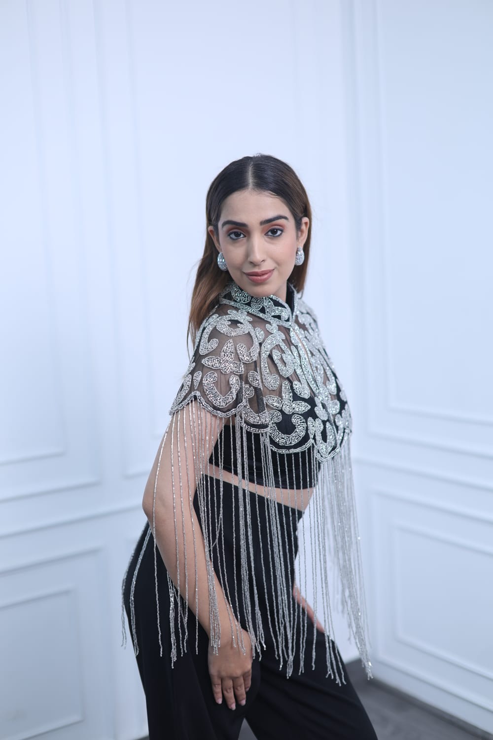 Silver Embroidered Fringe Cape