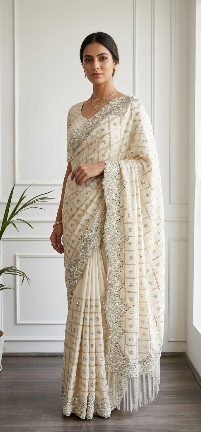 Ivory Jaal Kardana Handwork Saree