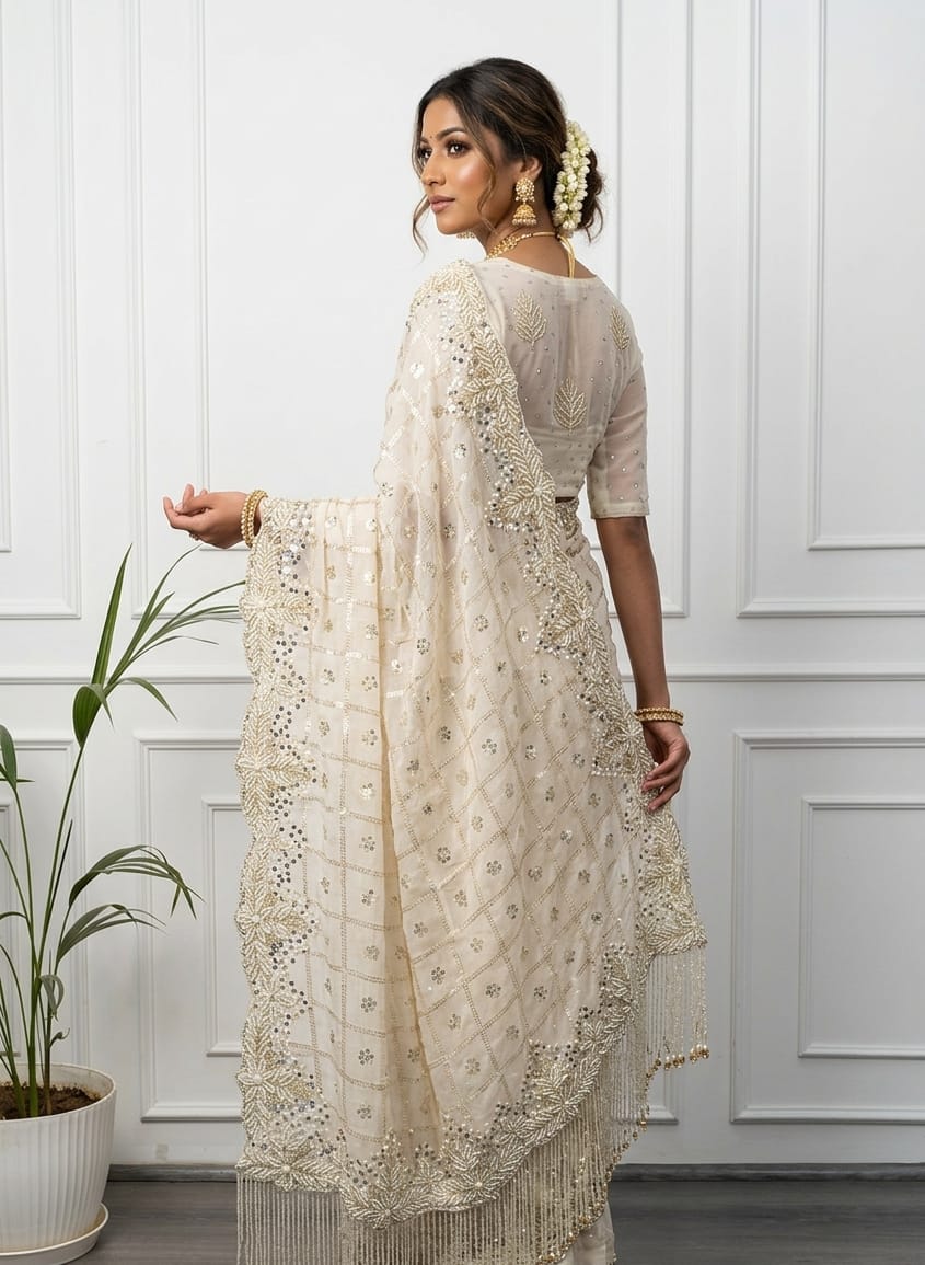Ivory Jaal Kardana Handwork Saree