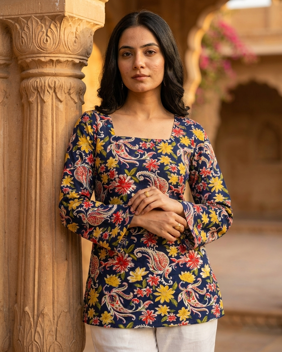 Navy Blue Paisley & Floral Cotton Kurti with Flared Sleeves