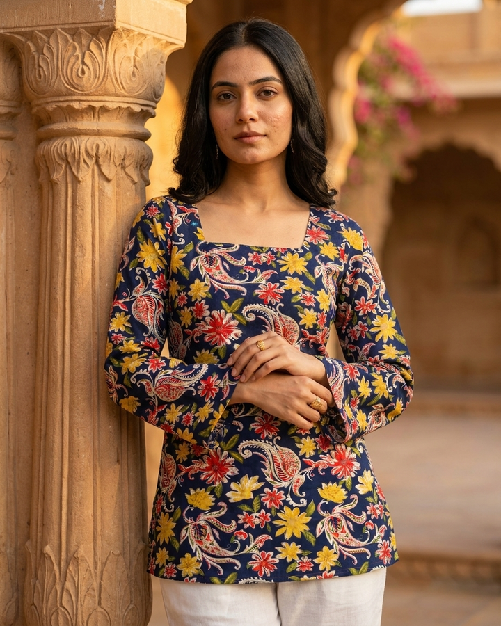 Navy Blue Paisley & Floral Cotton Kurti with Flared Sleeves