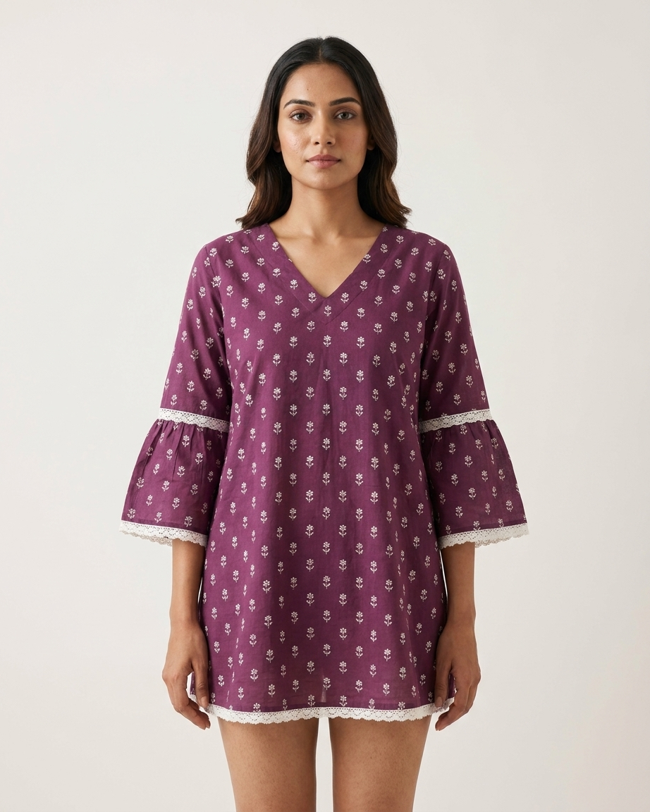 Deep Plum Floral Boota Tunic with Lace Trim