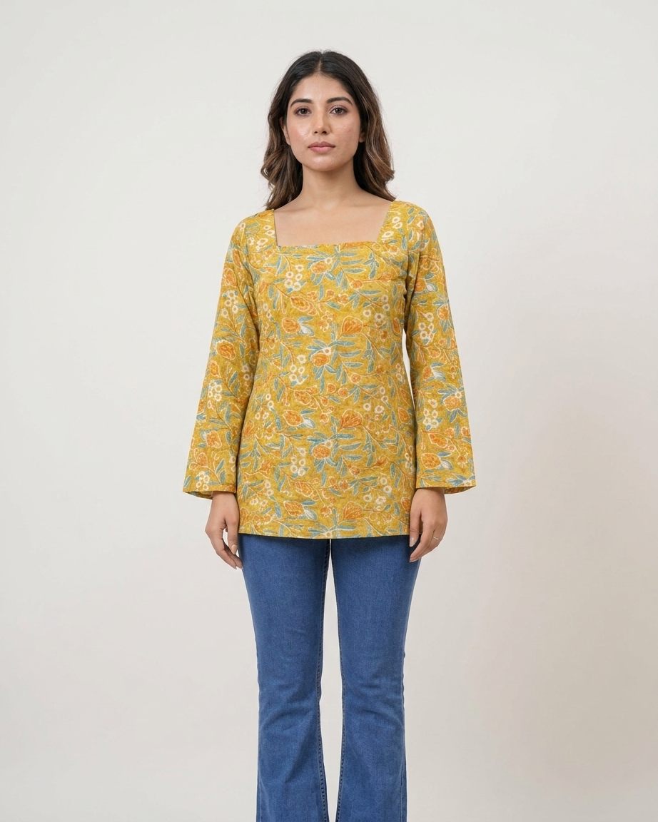 Mustard Yellow Floral Cotton Kurti with Lace-Up Back & Bell Sleeves