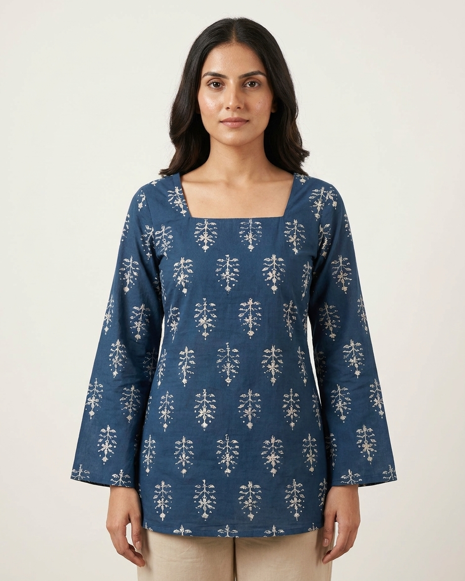 Deep Teal Botanical Motif Corset-Back Tunic