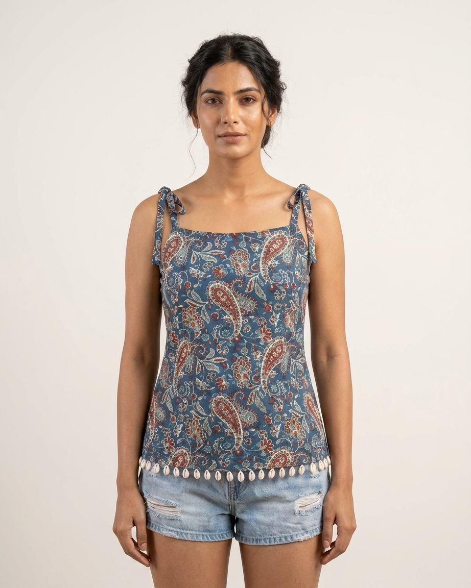Indigo Blue Paisley Tie-Strap Top with Shell Detailing