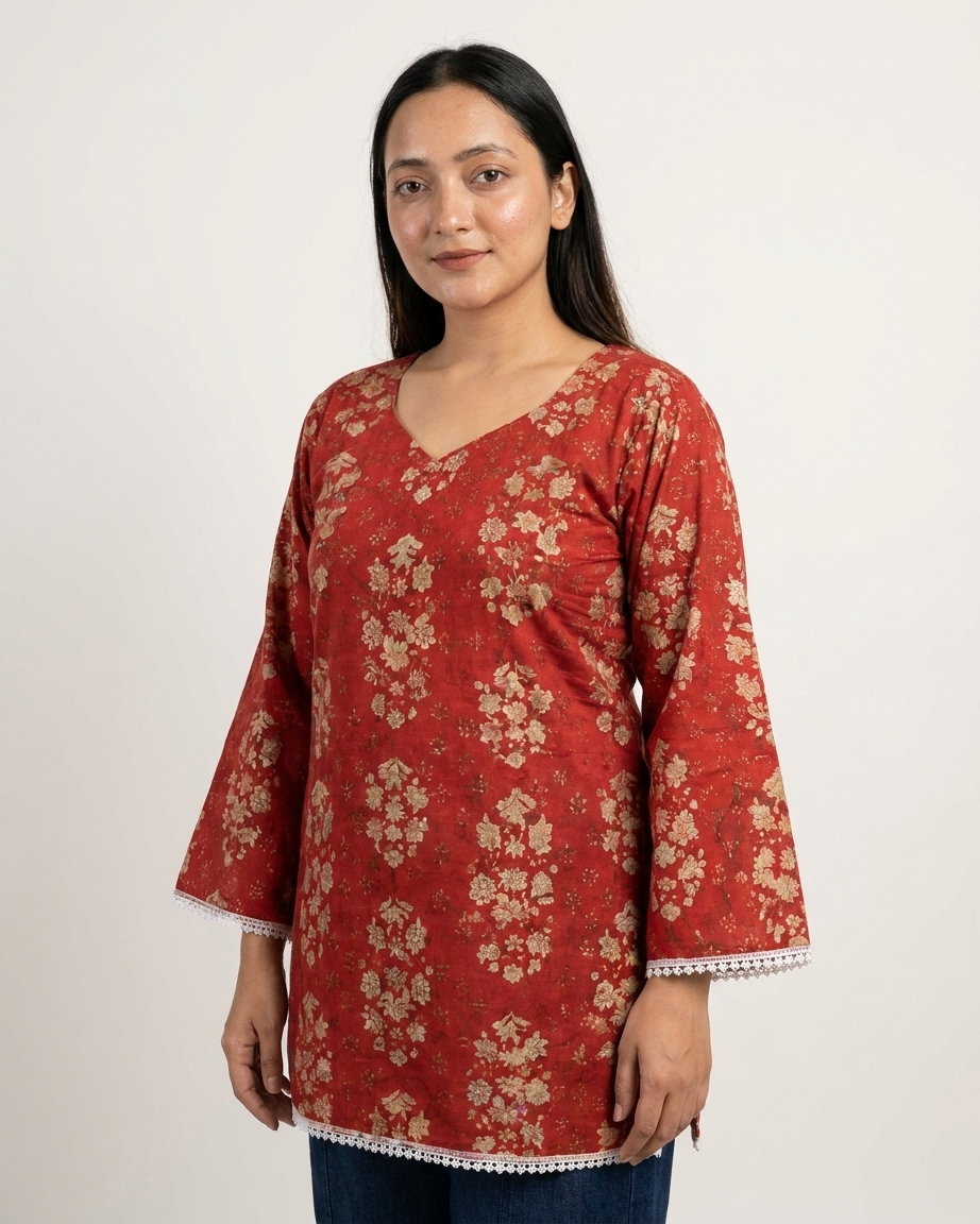 Crimson Red Botanical Tunic with Lace Trim