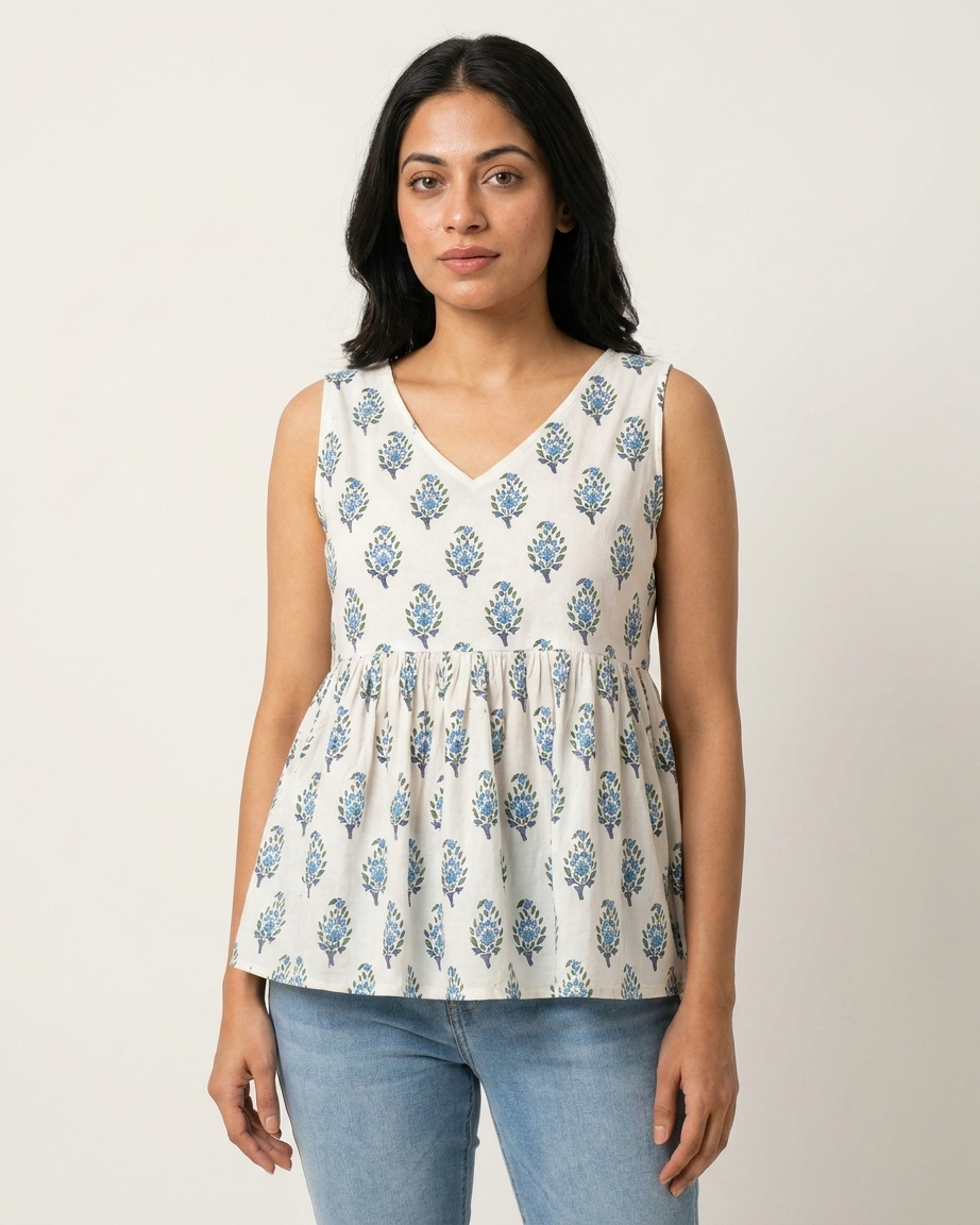 Crisp White & Blue Floral Boota Peplum Top