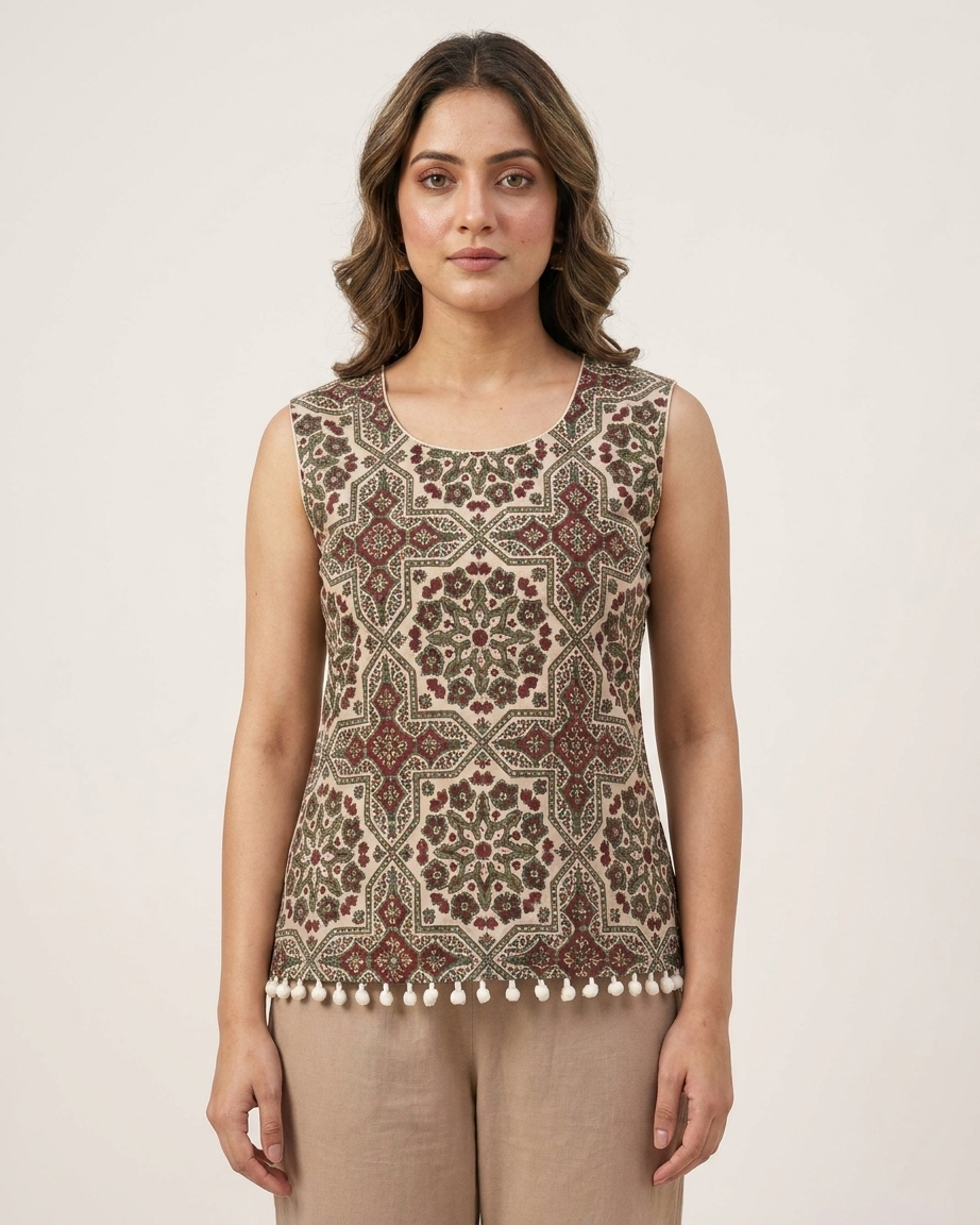 Earthy Geometric Block Print Sleeveless Top with Tassel Hem