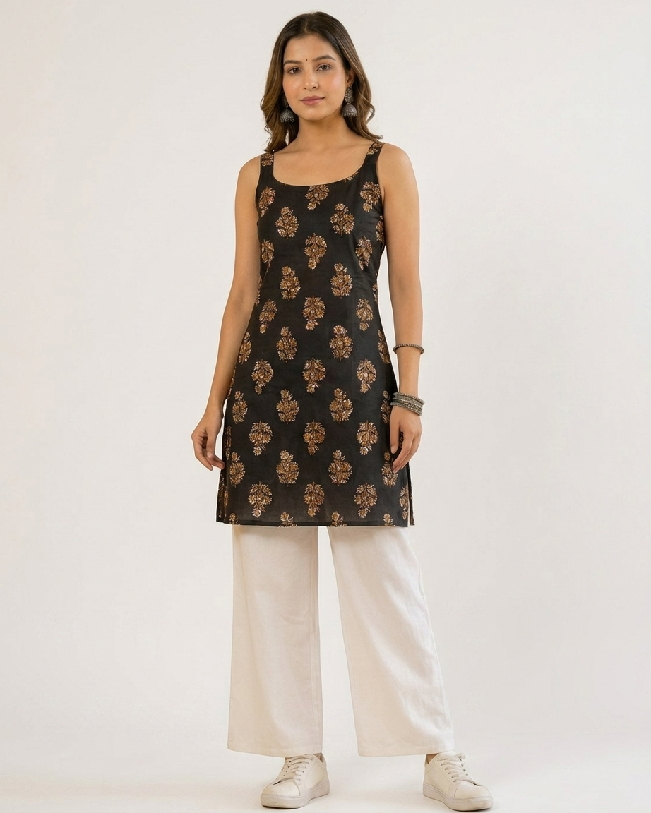 Golden Floral Boota Print Black Sleeveless Short Kurti