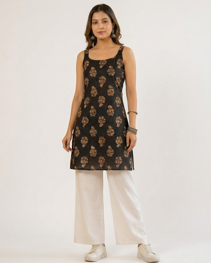 Golden Floral Boota Print Black Sleeveless Short Kurti