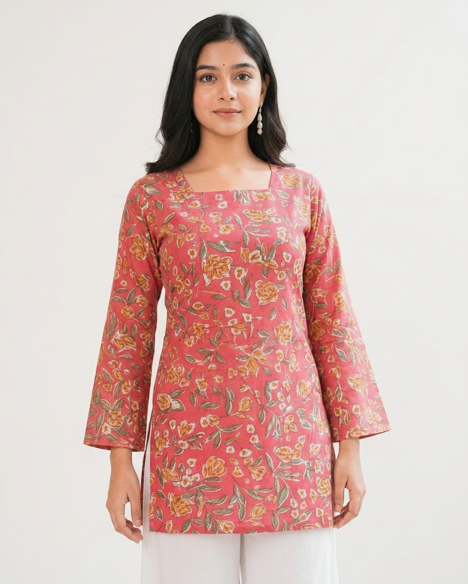 Peach-Pink Floral Cotton Short Kurti with Flared Sleeves
