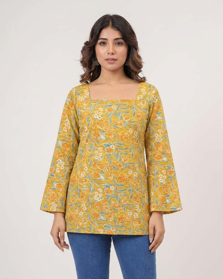Mustard Yellow Floral Cotton Kurti with Lace-Up Back & Bell Sleeves