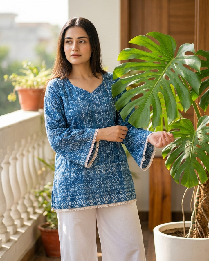 Indigo Geometric Block Print Tunic with Lace Trim