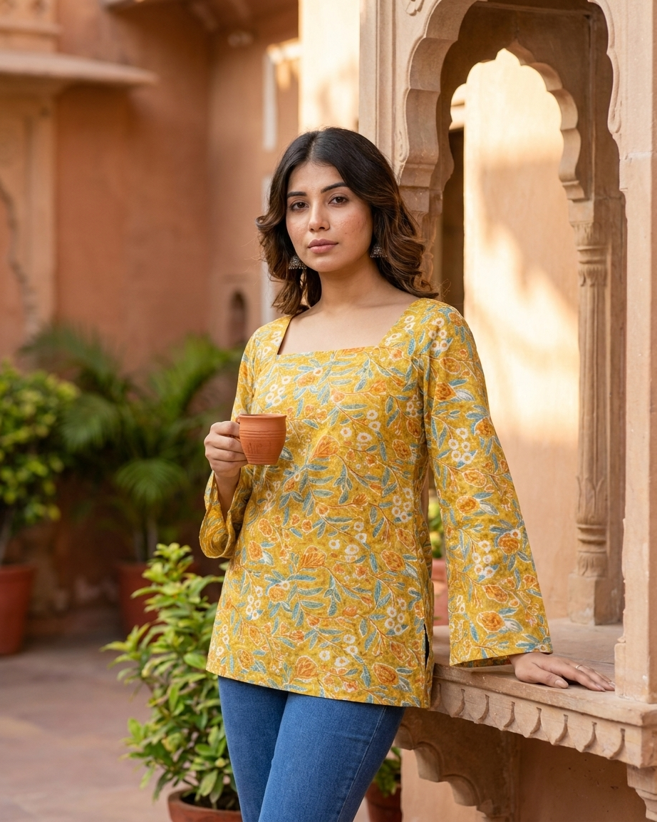 Mustard Yellow Floral Cotton Kurti with Lace-Up Back & Bell Sleeves