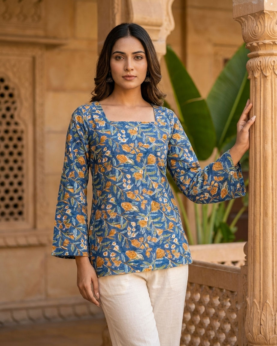 Royal Blue Floral Cotton Kurti with Lace-Up Back & Flared Sleeves