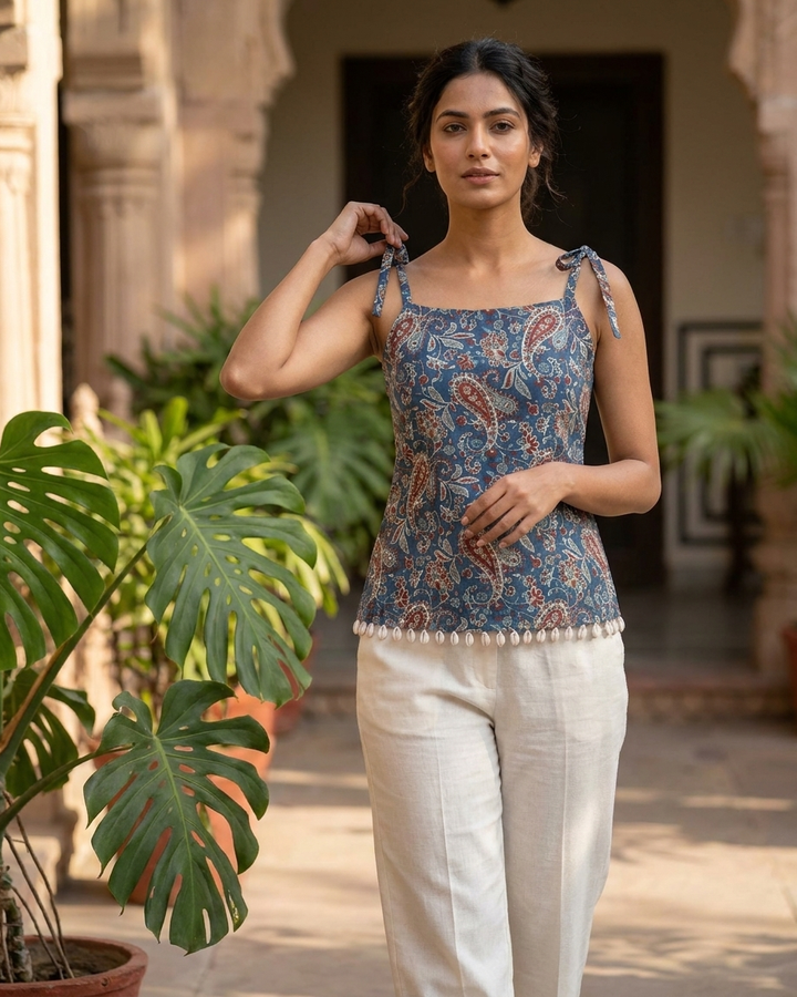 Indigo Blue Paisley Tie-Strap Top with Shell Detailing