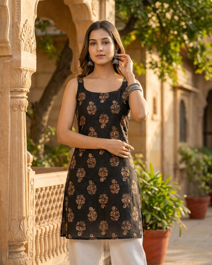 Golden Floral Boota Print Black Sleeveless Short Kurti