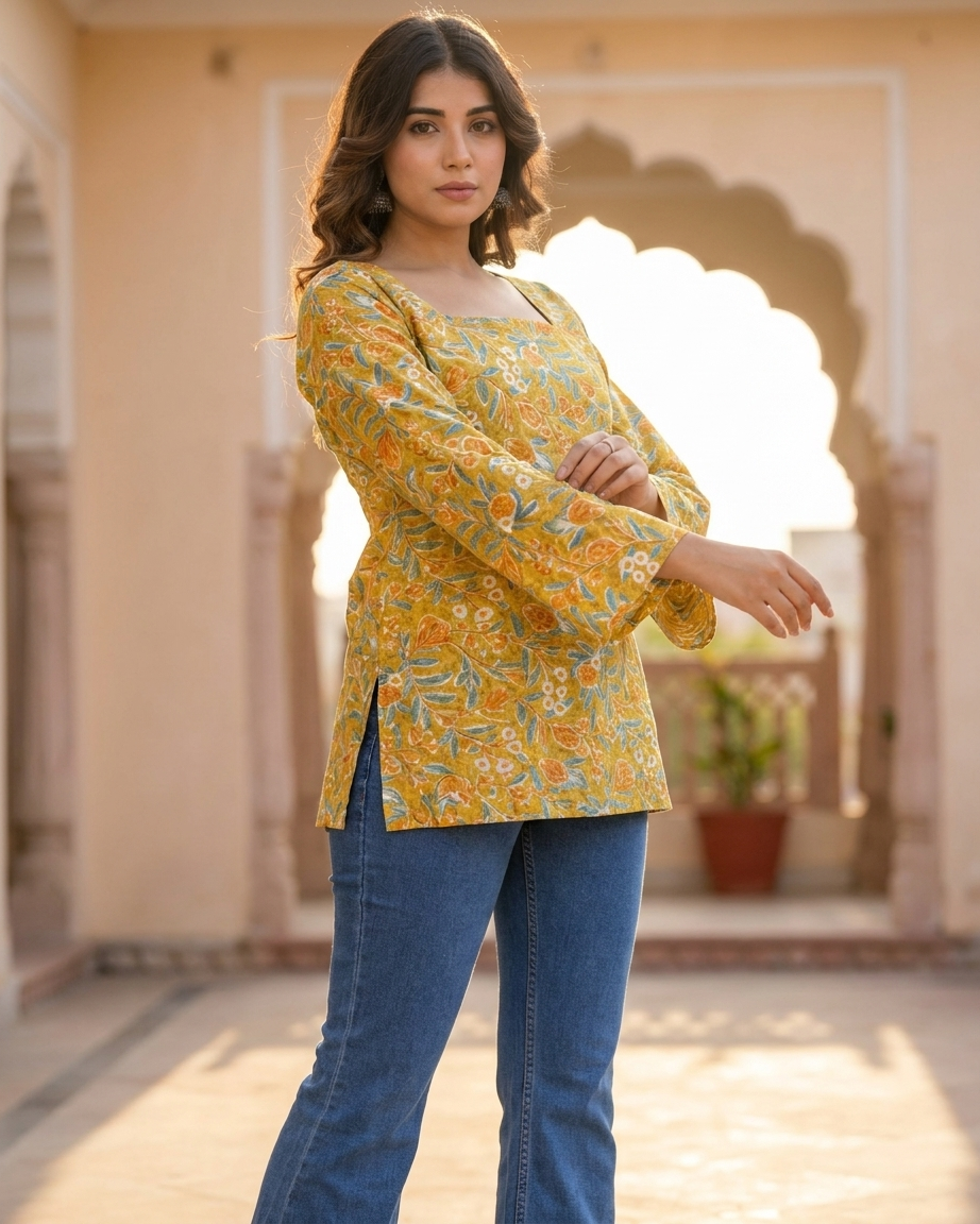 Mustard Yellow Floral Cotton Kurti with Lace-Up Back & Bell Sleeves