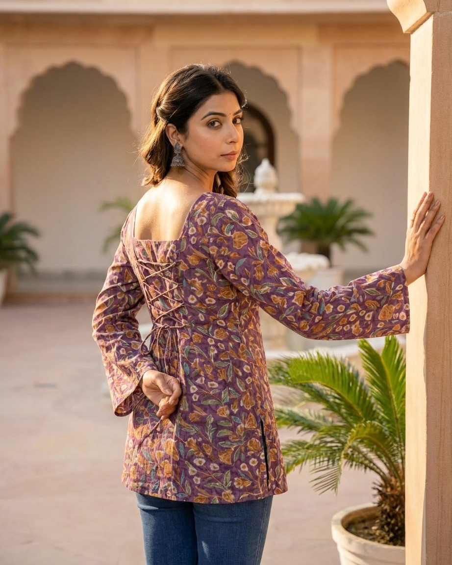Royal Purple Floral Cotton Kurti with Lace-Up Back & Bell Sleeves