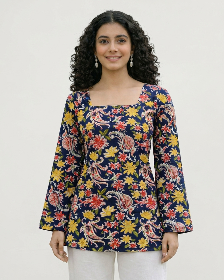 Navy Blue Paisley & Floral Cotton Kurti with Flared Sleeves