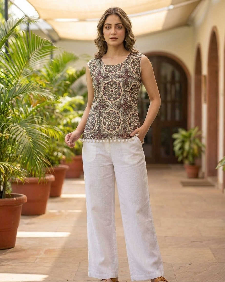 Earthy Geometric Block Print Sleeveless Top with Tassel Hem
