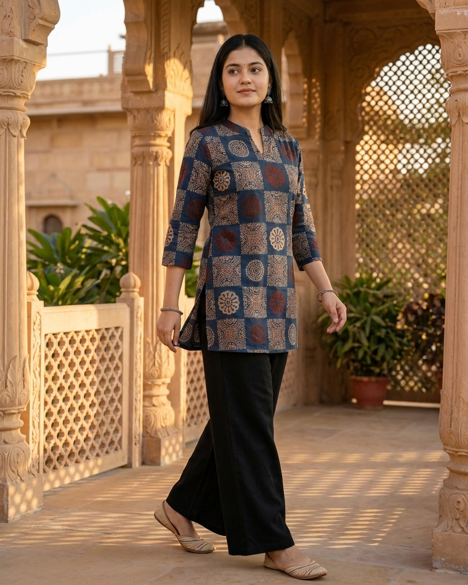 Indigo Jaipuri Geometric Print Cotton Short Kurti