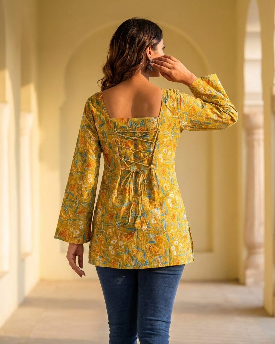 Mustard Yellow Floral Cotton Kurti with Lace-Up Back & Bell Sleeves