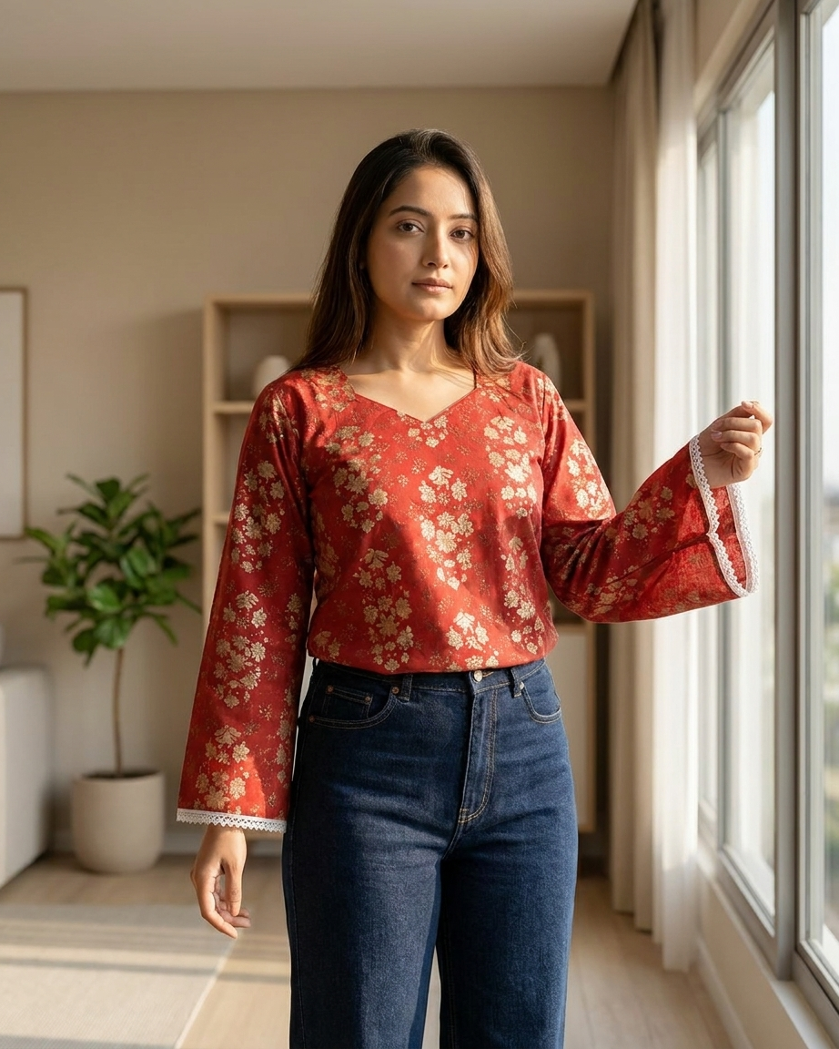 Crimson Red Botanical Tunic with Lace Trim