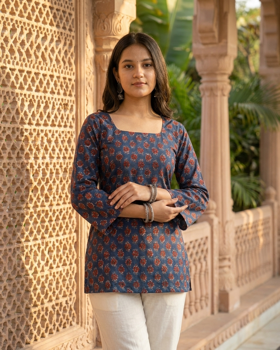 Navy Blue Floral Print Cotton Short Kurti with Flared Sleeves