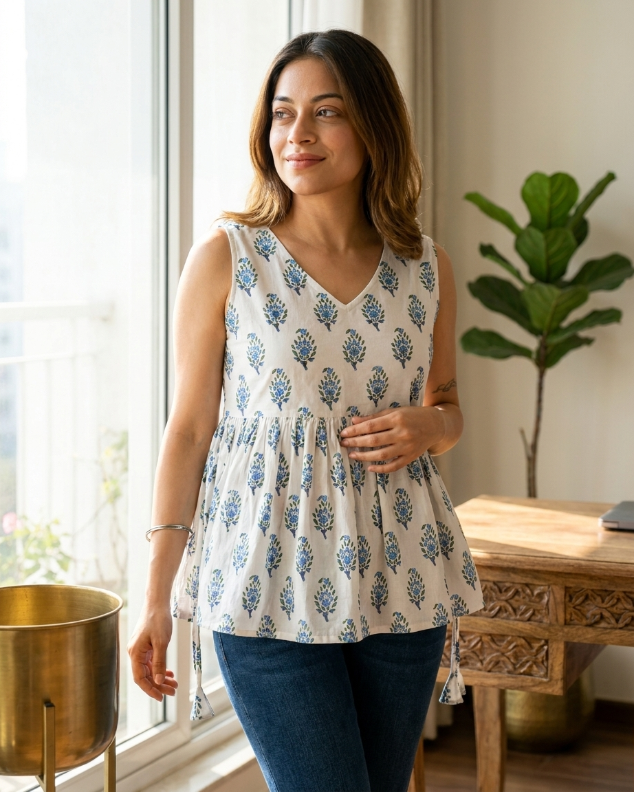Crisp White & Blue Floral Boota Peplum Top