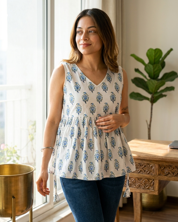 Crisp White & Blue Floral Boota Peplum Top