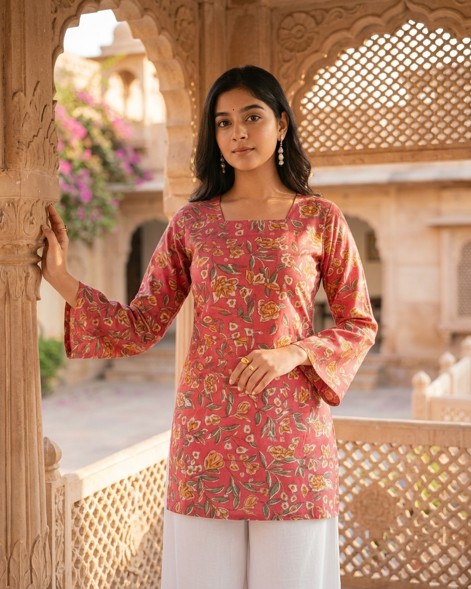 Peach-Pink Floral Cotton Short Kurti with Flared Sleeves