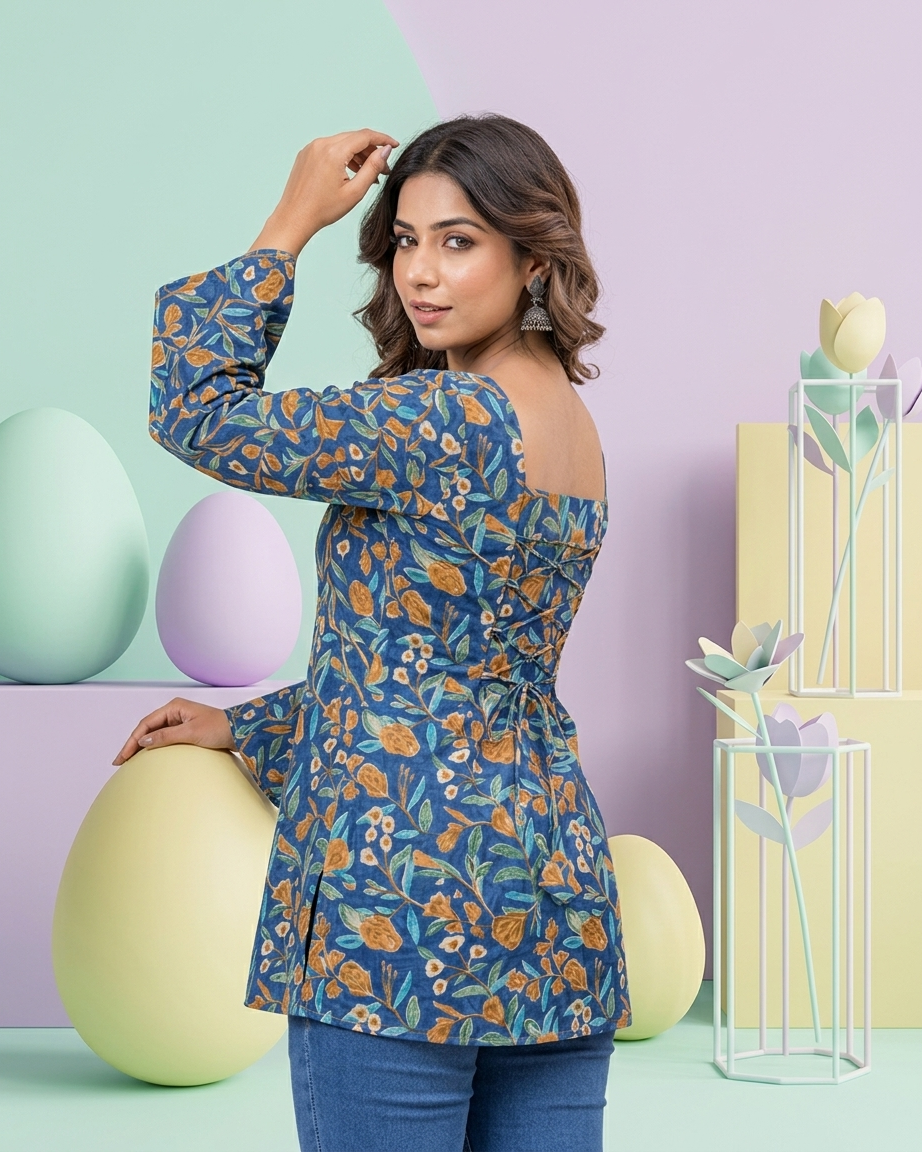 Royal Blue Floral Cotton Kurti with Lace-Up Back & Flared Sleeves