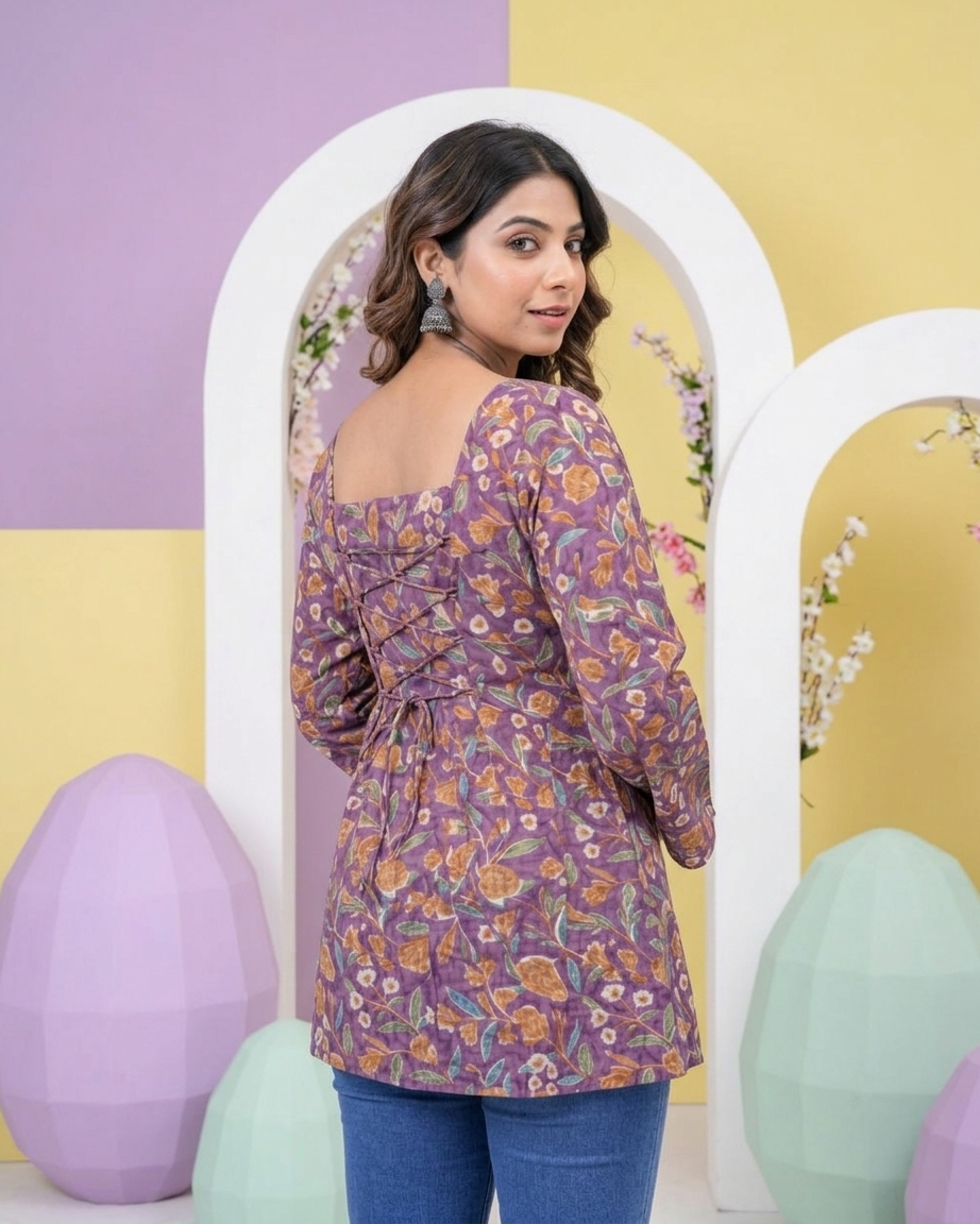 Royal Purple Floral Cotton Kurti with Lace-Up Back & Bell Sleeves