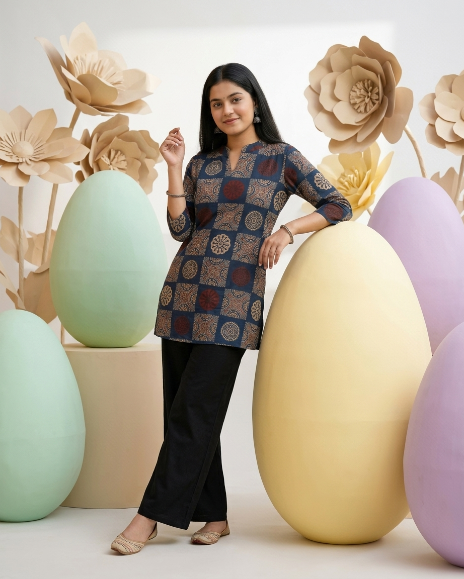 Indigo Jaipuri Geometric Print Cotton Short Kurti