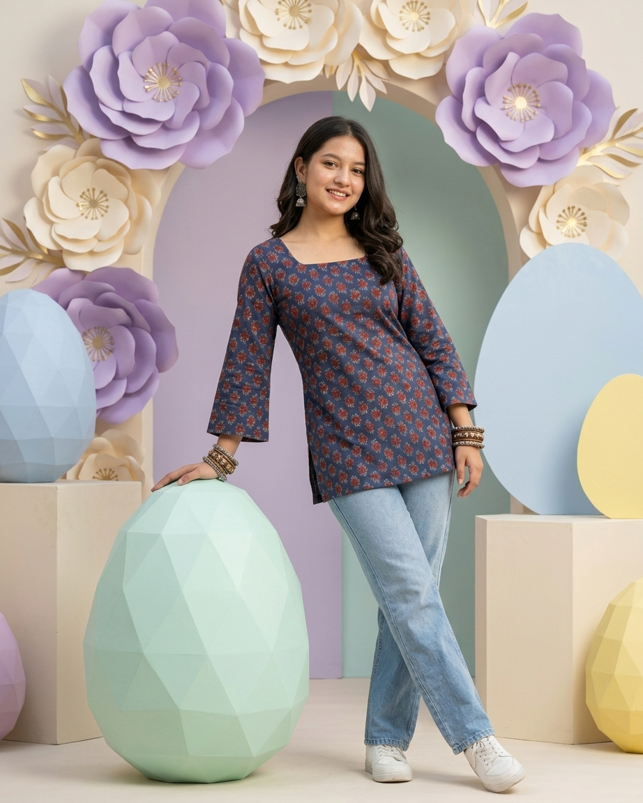 Navy Blue Floral Print Cotton Short Kurti with Flared Sleeves