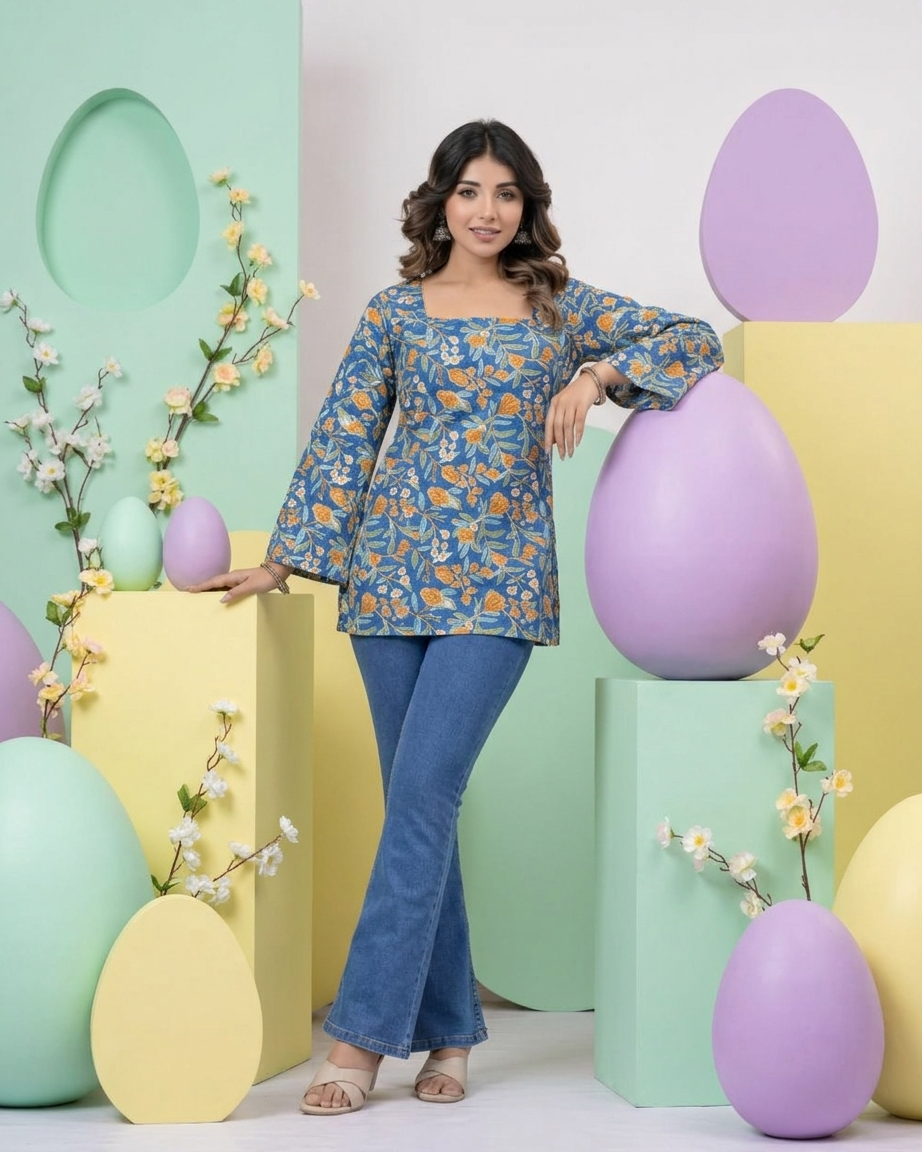 Royal Blue Floral Cotton Kurti with Lace-Up Back & Flared Sleeves