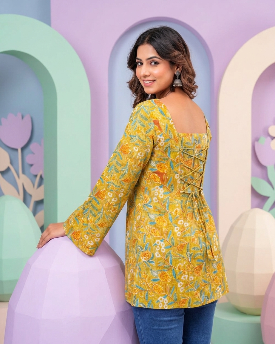 Mustard Yellow Floral Cotton Kurti with Lace-Up Back & Bell Sleeves