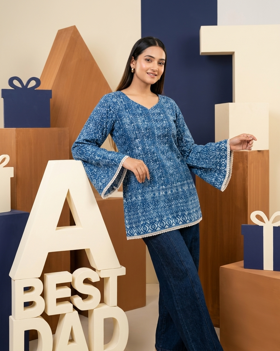 Indigo Geometric Block Print Tunic with Lace Trim