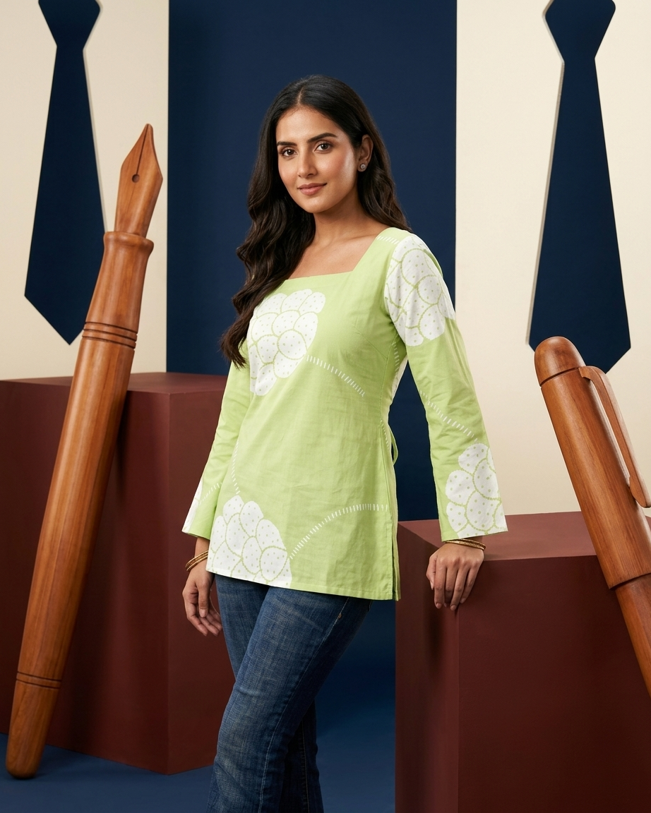 Fresh Lime Green Floral Corset-Back Tunic