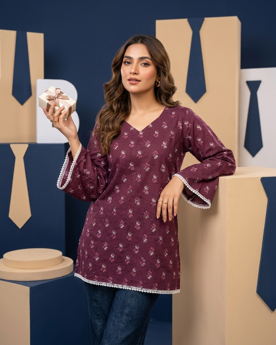 Deep Plum Floral Boota Tunic with Lace Trim