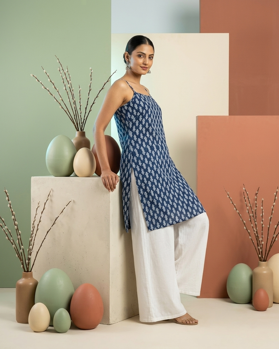 Indigo Blue Cotton Spaghetti-Strap Kurti with White Leaf Boota Print