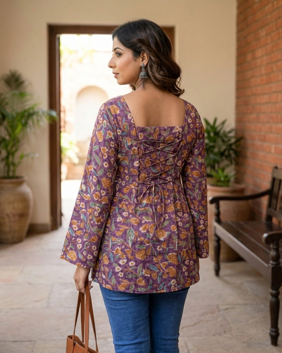 Royal Purple Floral Cotton Kurti with Lace-Up Back & Bell Sleeves