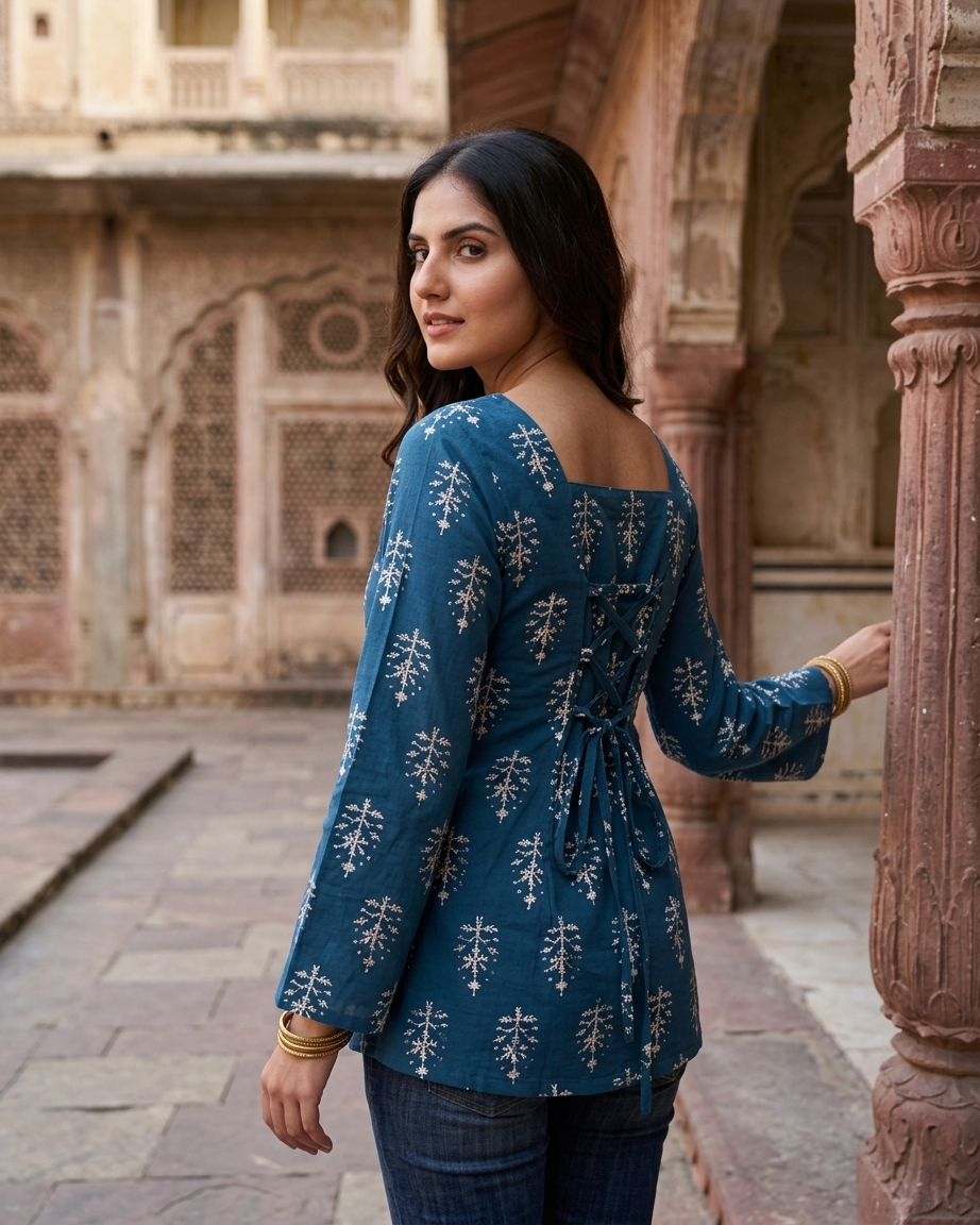 Deep Teal Botanical Motif Corset-Back Tunic