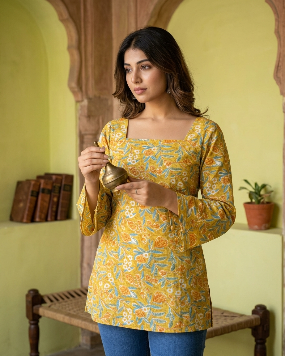 Mustard Yellow Floral Cotton Kurti with Lace-Up Back & Bell Sleeves