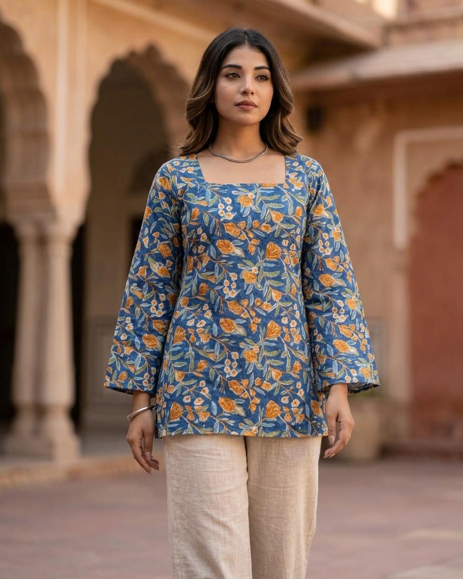 Royal Blue Floral Cotton Kurti with Lace-Up Back & Flared Sleeves