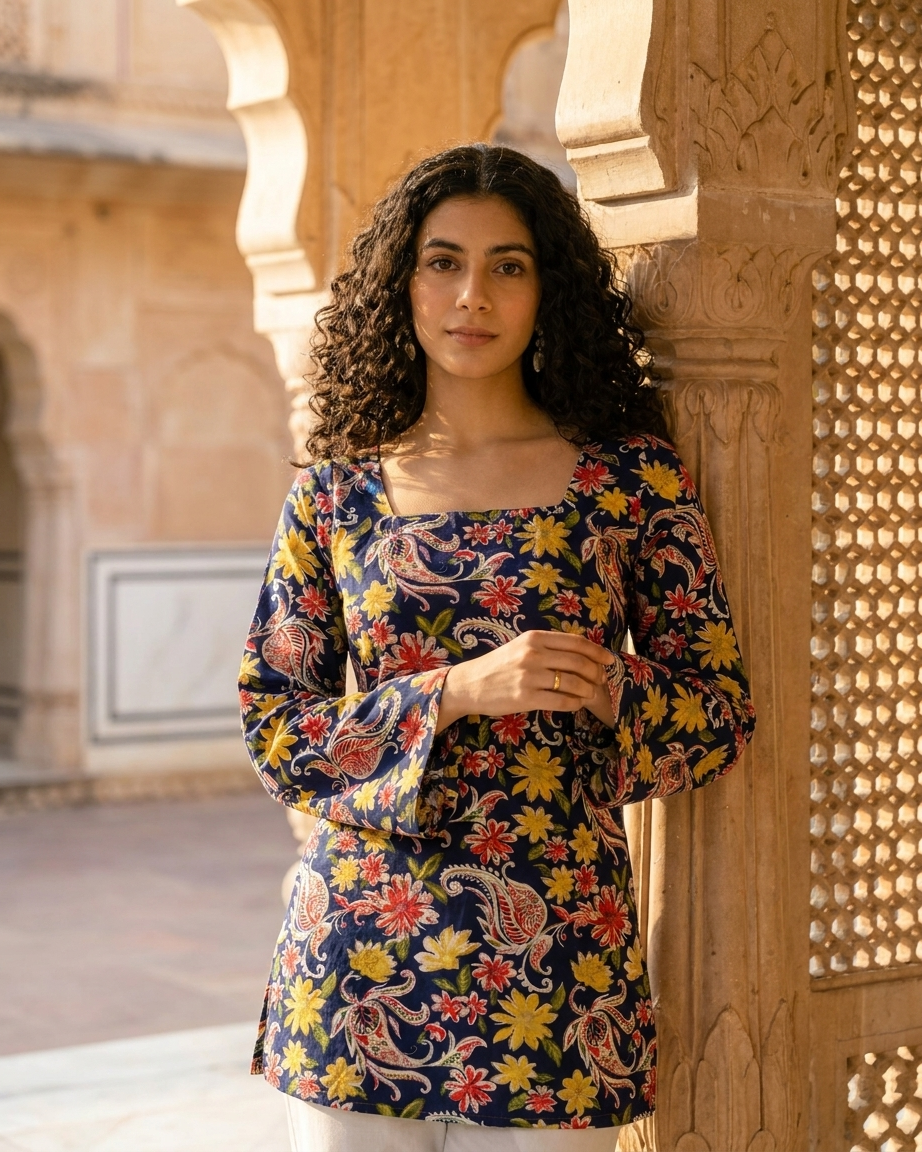 Navy Blue Paisley & Floral Cotton Kurti with Flared Sleeves